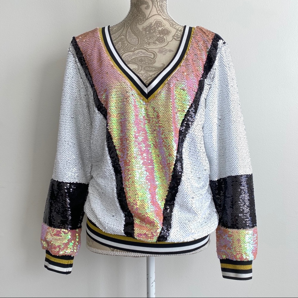 Dance & Marvel Sporty Sequin Top Varsity Sweater